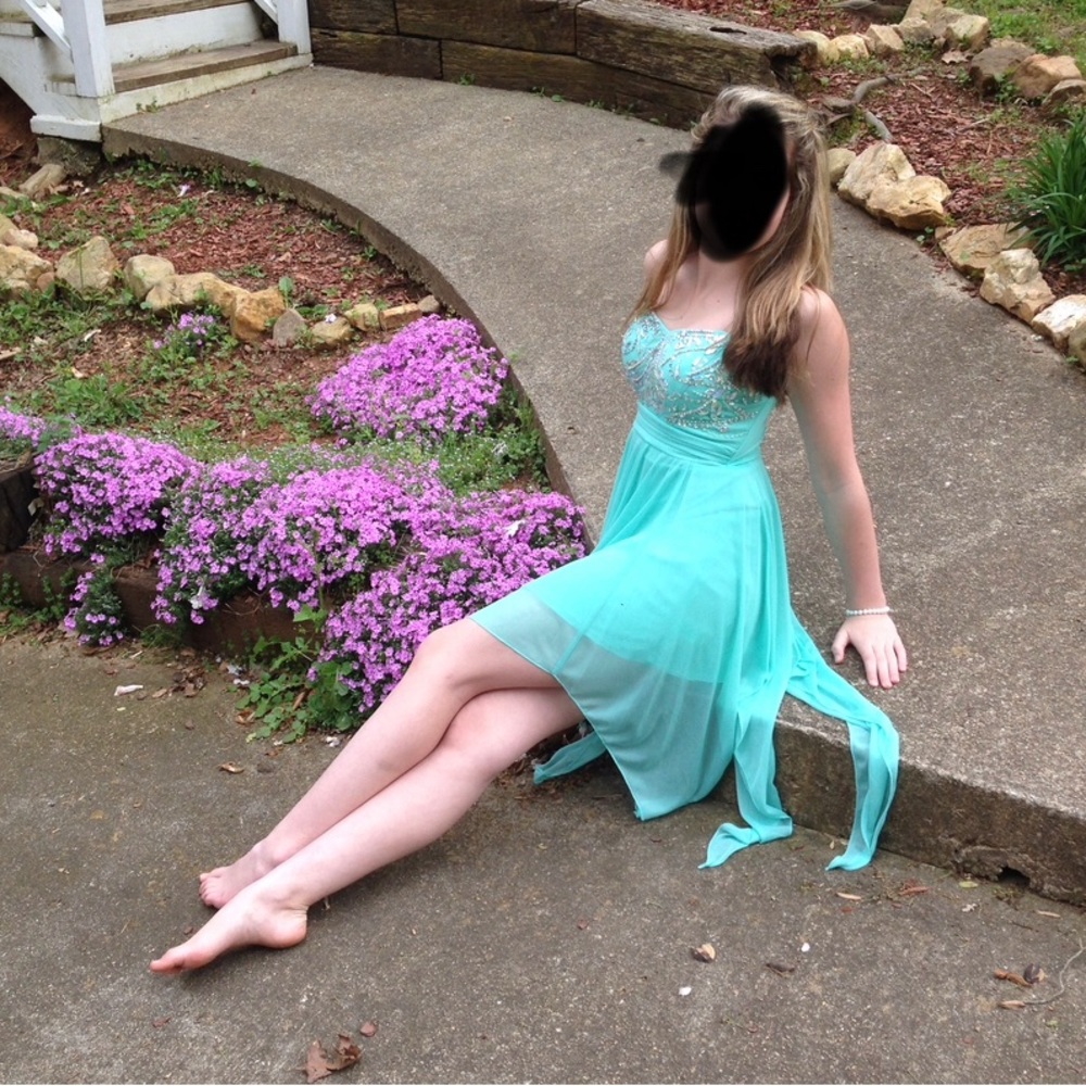 Strapless aqua handkerchief dress